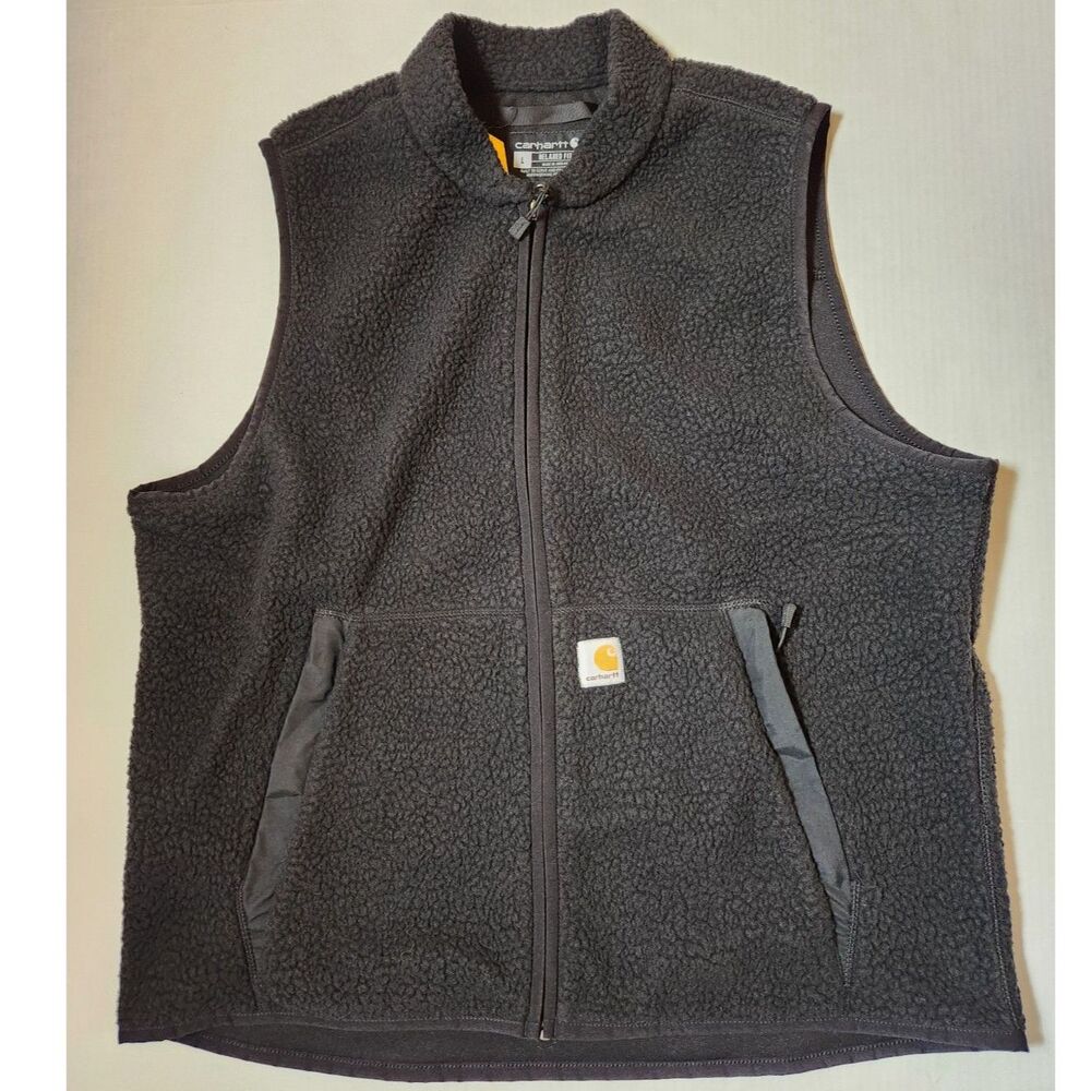 Carhartt Mens Fleece Vest Large Black Relaxed Fit Zip Pockets